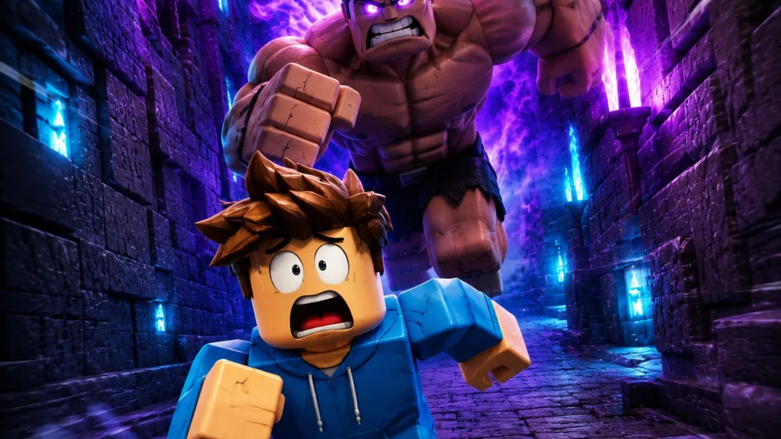 Portada del juego, con un personaje huyendo del hombre musculoso por el laberinto